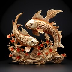 Asian two gold fish sculpture, auspicious animal for Chinese New Year element, the symbol of wealth, feng shui