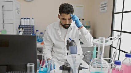 Sticker - A focused man in a lab coat conducts an experiment with blue liquid in a science laboratory, embodying professionalism and concentration.