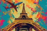 Fototapeta Paryż - Eiffel Tower and plane illustration pop art cartoon postcard colorful, travel Europe, France Paris