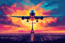 Eiffel Tower And Plane Illustration Pop Art Cartoon Postcard Colorful, Travel Europe, France Paris