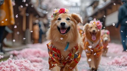 Poster - Cute dog puppy walking parade, in beautiful traditional kimono at spring day in Japan, kyoto city scape, cherry blossom sakura tree temple shrine at background. Creative animal, funny pet in costume.