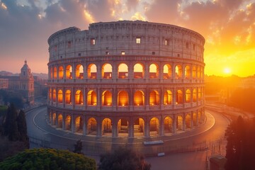 Wall Mural - Ancient Colosseum, aerial view on beautiful sunset