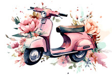 Watercolor Hand Painted Scooter Illustration Isolated On A White Background. Vintage Motorbike With Flowers Design.