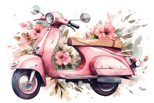 Watercolor Hand Painted Scooter Illustration Isolated On A White Background. Vintage Motorbike With Flowers Design.