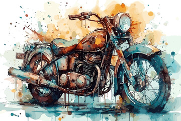 Motorcycle Chopper Bike Drive Hog watercolor painting Abstract background.