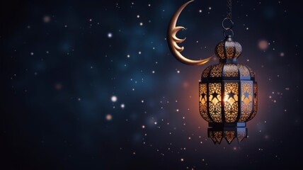 Ramadhan Kareem greetings. Islamic lantern in the night sky with crescent moon and stars. copyspace - generative ai 