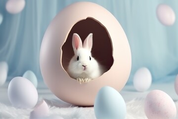 Wall Mural - white bunny sitting inside egg shell with pink light blue theme. Banner Easter Day, free space