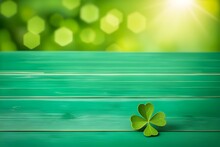 Shamrock With Four Clover And Blur Effect Green Wooden Background