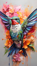 Draw A Hummingbird Bird In With Oil Paints. Gorgeous Colorful Background. Generated By AI