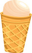 Vanilla ice cream scoop in waffle cone. Cartoon style creamy dessert. Summer sweet treat vector illustration.