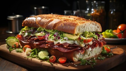 Delicious sandwich full of meat and vegetables, black and blur background