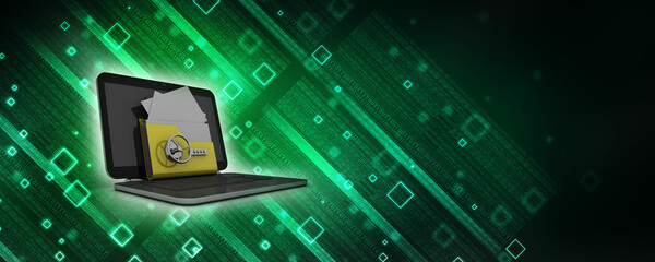 Poster - 3D rendering Yellow folder and lock ON laptop. Data security concept