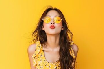 Wall Mural - Energetic Asian lady in summer outfit, mid-air blowing kiss, bright yellow backdrop