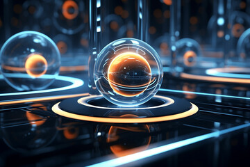Poster - abstract technology wallpaper, sphere or globes on 3d backdrop, futuristic modern technology background, data connectivity concept