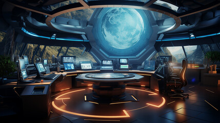 Poster - modern and futuristic data monitoring room full of computers and laptops, advanced technology concept 