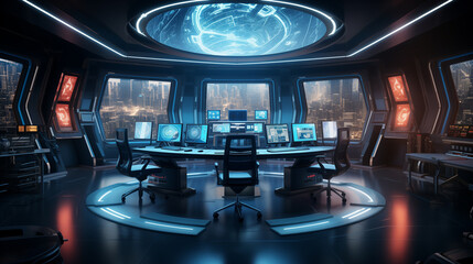 Poster - modern and futuristic data monitoring room full of computers and laptops, advanced technology concept 
