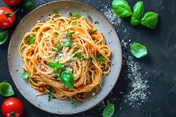 Wall Mural - Serve the spaghetti Bolognese with fresh Parmesan and green basil leaf