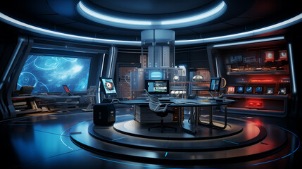 Poster - modern and futuristic data monitoring room full of computers and laptops, advanced technology concept 