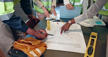 Fototapete - Hands, blueprint and architect group with planning, drawing and discussion for construction industry. People, team and engineering agency with documentation, sketch or meeting for ideas with property