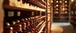 Vintage Wine Bottles Lined Up in Wooden Wine Cellar