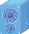 Blue speaker with sound waves indicating audio output. Modern music equipment concept, audio technology. Cartoon style sound system vector illustration.