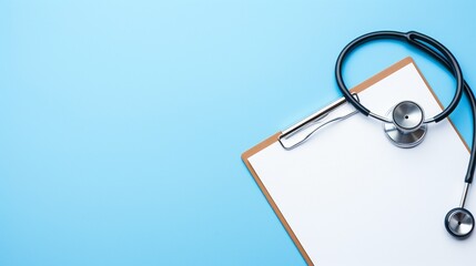 Wall Mural - On a light blue background, a stethoscope, a pen and a tablet with paper with a place to insert text. Copy space