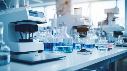 Wall Mural - Scientific instruments arranged neatly with space for text on a laboratory bench