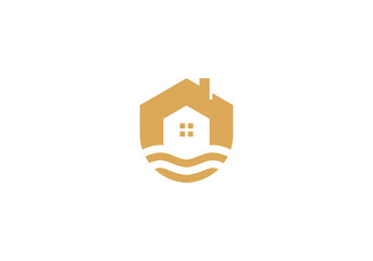 Wall Mural - real estate agency logo of gold line with house in circle shape with ocean wave