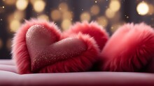 Valentine's Day Background; Red Color 3d Fluffy Hearts Pillows In Gold And Purple Glow Particles Abstract Background With Bokeh Effect, Copy Space For Text