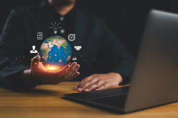 Aufkleber - Businessman holding globe. Business global internet connection application technology and digital marketing, Financial and banking, Digital link tech, big data. Market solution concept.