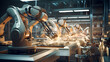 industrial robots work in a high tech production work