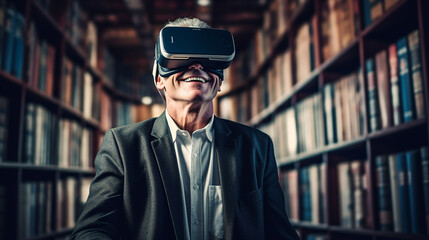 man wearing vr headset in library with transition