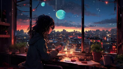 Wall Mural - Cool Lofi girl watching laptop at her desk Rainy or cloudy outside beautiful chill atmospheric cozy Anime manga style colorful bright colors. Lofi desk window. Rain effect.