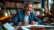 © Suralai - professional business man executive ceo manager, lawyer wearing suit sitting at desk signing law document writing signature making legal agreement corporate deal in office,generative ai