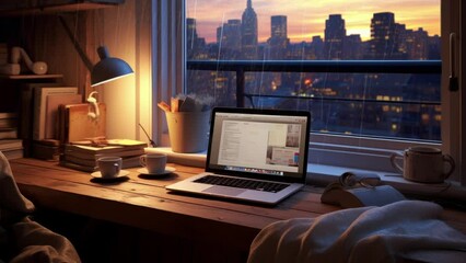 Poster - Modern room with creative decoration. Lofi desk window. Rain effect.