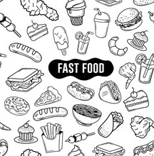 Seamless Pattern Background Hand Drawn Fast Food Doodle Vector. Set Of Fast Food Vector Illustration With Line Design.