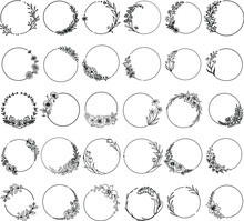 Set Of Flowers Circle Frames For Design Element For Logo, Stamp Design, Invitation, Entraving And So On. Vector Illustration Botanical Including Bluebells, Poppy, Rose, Aster Tulips,daffodil, Narcissu