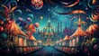 Fantasy carnival background with magic fairground. Vector illustration.