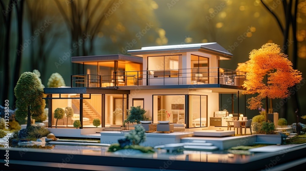 House 2 Model An intricately detailed miniature model of a modern two-story house ...