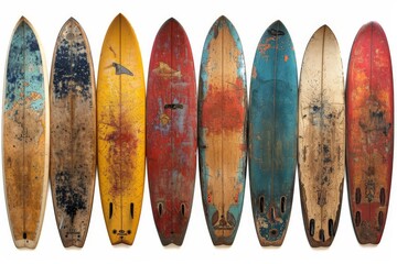 Wall Mural - Collection of vintage wooden fishboard surfboard isolated on white with clipping path for object, retro styles.