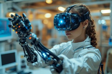 
Student Engineer Wearing Virtual Reality Headset Holding Joysticks and Controlling Bionic Limb While Actions Displayed on Screen. Modern Equipment and Computer Science Education in University Concept