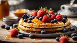 Deliciosos waffles con miel, fresas y arándanos