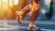 Illustration of a running man with painful knee joint highlighted, kneecap. Problem of joint diseases, medical topics. 3D rendering illustration
