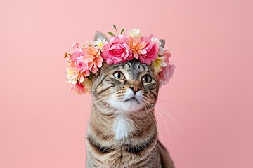 Tabby cat wearing floral crown on pink background. Springtime holiday. Easter celebration concept. Design for greeting card, banner, poster. Cute funny pet. Minimalistic composition