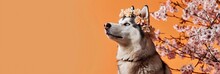 Siberian Husky With Cherry Blossom Background On Orange Backdrop. Spring Flowers. Minimalistic Composition. Design For Greeting Card, Banner, Header With Copy Space. Cute Funny Pet