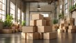 Piles of cardboard boxes in a sunlit room create an urban moving day scene