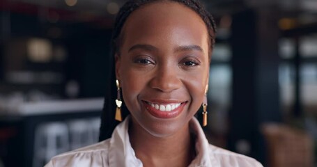 Canvas Print - Happy, business and face of black woman in office at night with confidence, pride and ambition in workplace. Professional, corporate and portrait of person smile working late for career and job