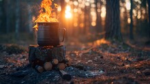 Rustic Outdoor Cooking Scene With A Kettle Over Open Flames In A Forest Setting.