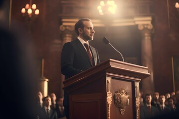 Wall Mural - Businessman politician makes a speech from behind the pulpit