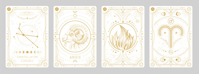 set of modern magic witchcraft cards with astrology aries zodiac sign characteristic. vector illustr